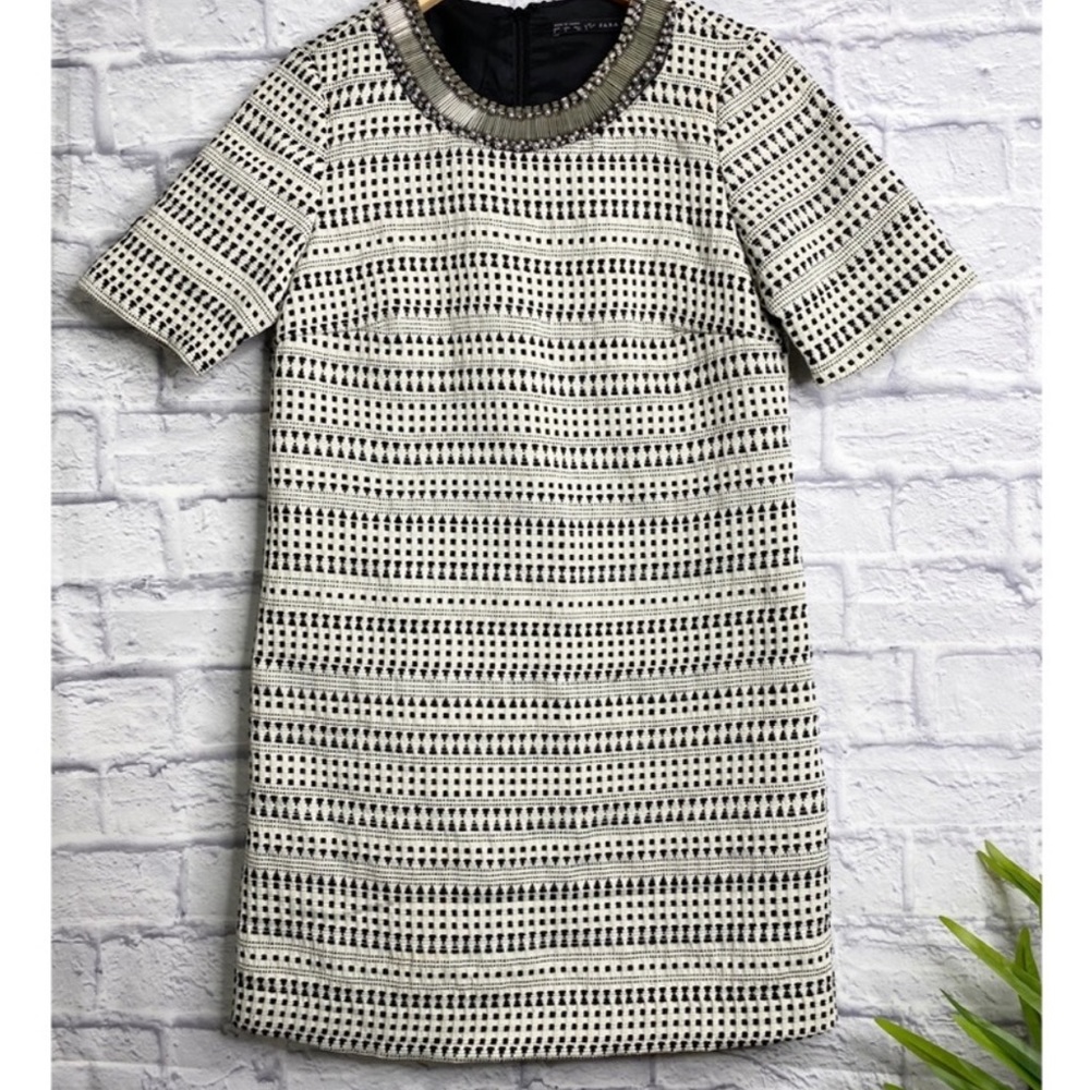 Zara Black White Embellished Neckline Dress
